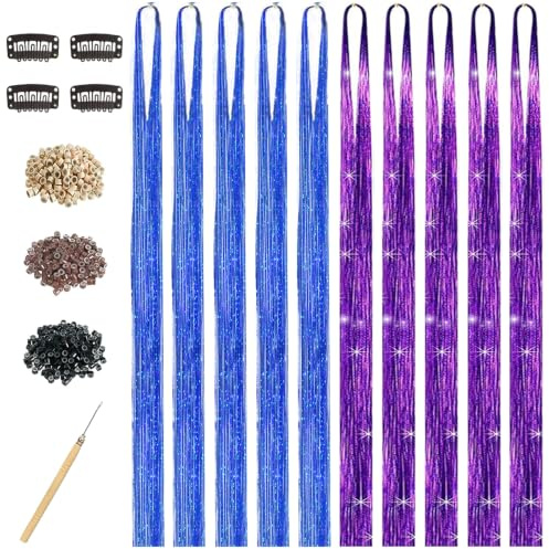 Hair Tinsel Kit for Girls, 10 Pcs 4200 Strands Fairy Tinsel Hair Extensions Holographic Hair Tinsel Heat Resistant Colored Hair Glitter Christmas Party Festival (Blue+Purple)