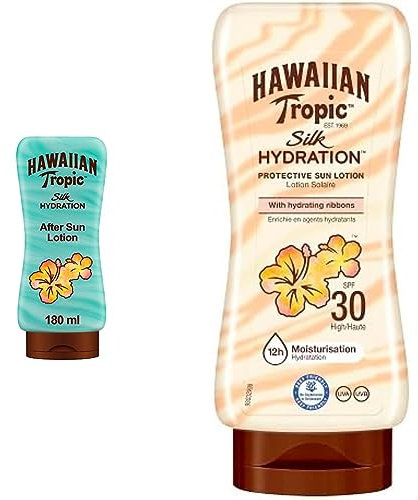 Hawaiian Tropic Crema Doposole Idratante con Aloe, 180ml & Silk Lozione solare idratante, SPF 30, 180 ml, Confezione da 1