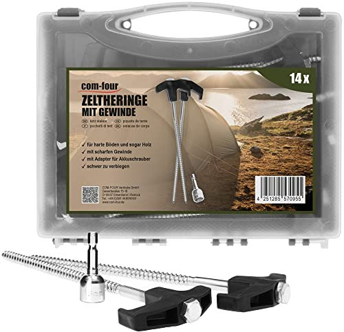 COM-FOUR® 14x piquets de Tente en Acier avec Adaptateur pour Tournevis sans Fil - piquets à vis dans Une boîte de Transport - piquets de Sol Robustes avec Filetage pour Le Camping et l'extérieur