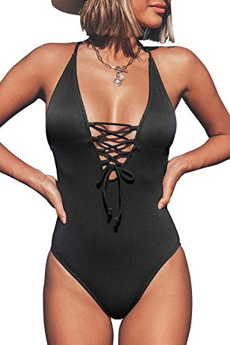 CUPSHE Costume da Bagno Intero da Donna con Scollo a V e Cravatta Senza Schienale, L