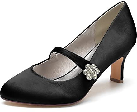 Women's Mary Jane Wedding Shoes Satin Kitten Heel Pumps Closed Toe Bridesmaid Bridal Shoes 36862-8, black, 8 UK