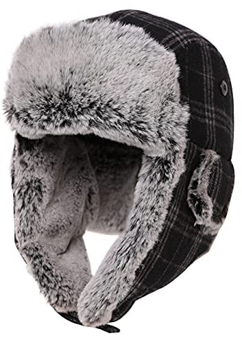 Comhats Varm pilotmössa för män, öronskydd, unisex, vintermössa med öronlappar, mjuk fuskpälsmössa, vindtät, 92679_svart-grå, L