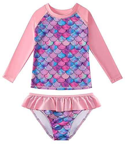 SEAUR Mädchen Badeanzug Kinder Langarm Zweiteiliger Rash Guard Meerjungfrau Schwimmanzug mit Schwimmrock Swimsuit Strand Bademode - 130