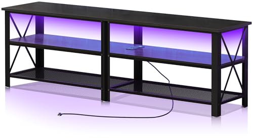 Clikuutory Modern Black 63 inch TV Stand with LED Lights and Power Outlets for 40 50 55 60 65 70 Inch TVs, 3 Tier Wood TV Console, Entertainment Center with Open Storage for Living Room, Bedroom