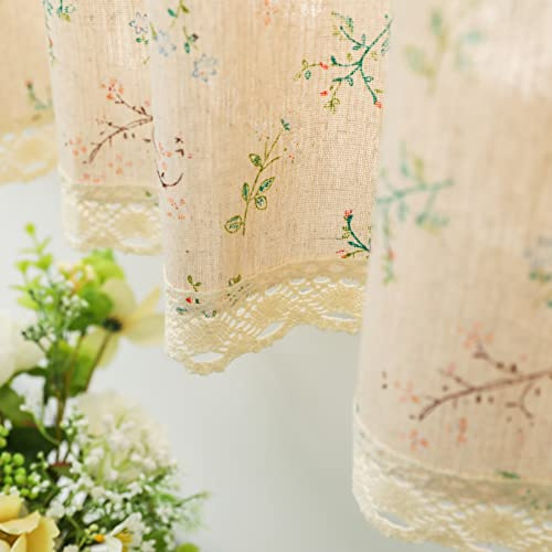 Moslovstar Little Grass and Flower Tier Curtain 1 Panel Vintage Style Cotton Linen Half Curtain for Kitchen Cafe Elegant Floral Lace Hem 56 W x 39.3 L Beige