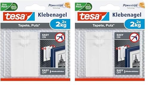 tesa Klebenagel für Tapeten und Putz / Selbstklebende Nägel für empfindliche Oberflächen / Leicht anzubringen und zu entfernen - rückstandslos / 2 x 2kg Halteleistung (Packung mit 2)