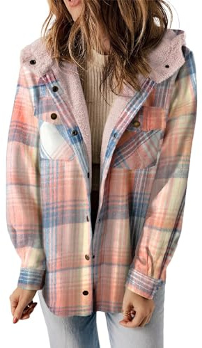 Chanpning Veste Tailleur Femme À Carreaux Veste Bûcheron Blouse Manches Longues Hiver Surchemise Boutonnée Chemisier Carreaux Avec Capuche Manteau Chaud Oversized Chic Casual Chemise
