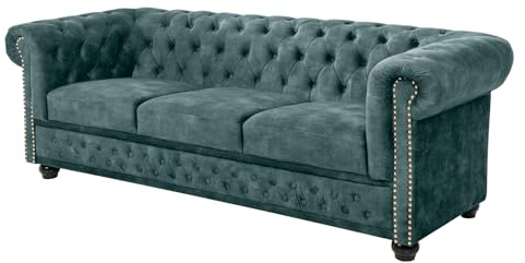 3-Sitzer Sofa CHESTERFIELD - 205cm - petrol gold - Samt - Federkern Nieten | Taschenfederkern, Knopfheftung, Ziernieten, Rundum-Bezug, englischer Stil, pflegeleicht