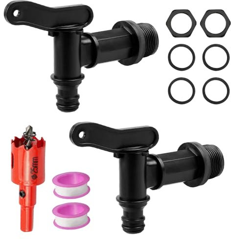 Riisoyu 2 Stück Auslaufhahn für Regentonnen, 3/4 Zoll Kunststoff Ersatz Hahn mit Dichtung Kontermutter Dichtband Kunststoff Auslaufhahn für Regeneimer Tank Gartenarbeit, Schwarz