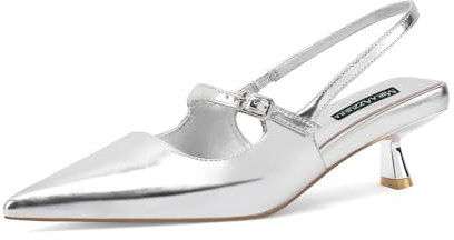 MIRAAZZURRA Damen Kitten Heel Slingbacks Spitze Zehen Pumps Niedriger Absatz Slip On Kleiderschuhe mit Schnallenriemen für Dating Party Arbeiten Silber 40