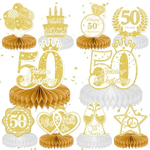 DTOFOOT 10 Pcs 50th Anniversary Decorations, 50th Wedding Anniversary Decorations 50th Anniversary Honeycomb Centerpiece White Gold Happy 50th Wedding Anniversary Party Centerpieces