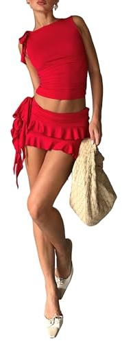 Dubute Women's Y2K Two Piece Mini Skirt Set Sexy Sleeveless Crop Top Skirt Suit Bodycon Outfits Matching Set (Red, S)