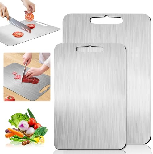 2 Pieza Ambos Lados Tabla Cortar Acero Inoxidable, Tabla Cortar de Acero Inoxidable para Cocina, Titanium Cutting Board para carne, pan, verduras, frutas