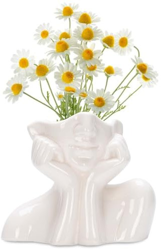 Kopf Gesicht Vase Keramik, L:14 cm, H:11.3, W:8cm Moderne Nordischer Stil Kreativität Gesichtsvase, Weiß Keramik Blumenvase Tischdeko für Garten, Rasen, Schreibtisch, Wohnzimmer, Schlafzimmer