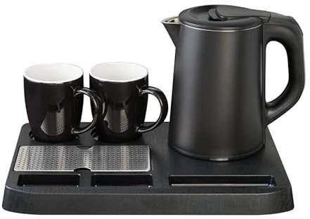 Set de bouilloire 0,8 l en acier inoxydable 18/10 + plateau + 2 tasses noires en céramique de 300 ml, 1360 W, dimensions : 36,1 x 24 x 22 cm, set pour hôtel