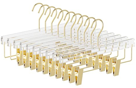 UEAKPIC Clear Gold Acrylic Pants Hangers 10 Pack with Adjustable Clips