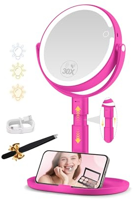 MOMOKUBA Sminkspegel med belysning, sminkspegel med belysning justerbar höjd, förstoringsspegel med ljus 20 gånger dubbelsidig 360° roterbar, 3 färgade rund spegel med ljus varm rosa