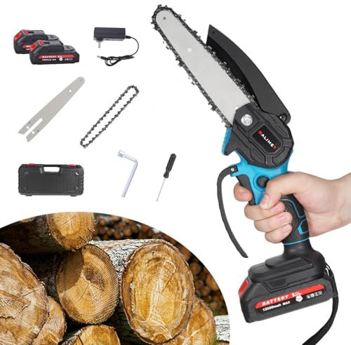 Mini Motosierra Bateria, 6 Pulgadas Eléctrica Motosierra de Mano Con Batería 2 x 6000mAh para Tijeras de Jardín, poda y corte de madera, herramienta eléctrica de jardín