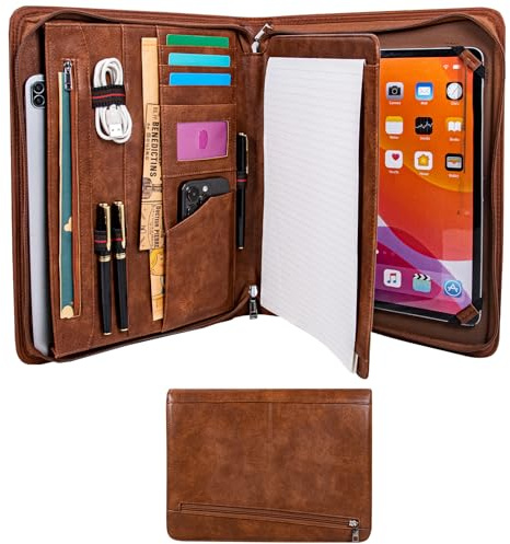 Calfinder Writing Case A4, PU Faux Leather, Conference Folder A4, A4 Document Folder with Clipboard, File Folder, Work Folder with Zip, Clipboard, Folder Meeting, Folder for School - Retro Brown