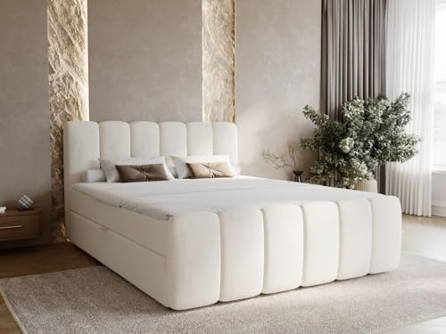 GRAINGOLD Cloud Bett 140x200, Boxspringbett mit Bettkasten, Polsterbett mit Bonell-Matratze, Samt Stoff, mit Topper, mit Kopfteil (Beige, 140x200)