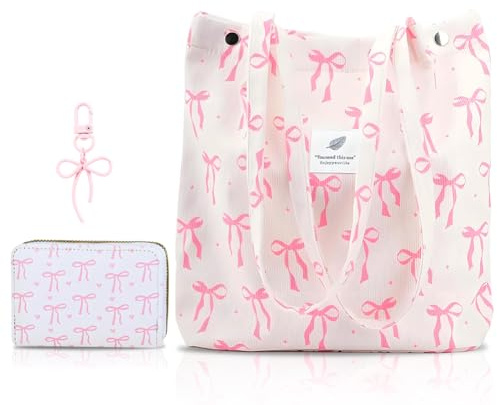 Bow Canvas Handbag Set 3PCS, Pink Bow Corduroy Tote Bag Set Coquette Bows Crossbody Shoulder Bag with Zip Pouch & Card Holder,Bow Tie Purse with Keyring for Women, Work Travel Shopping Gift Pink