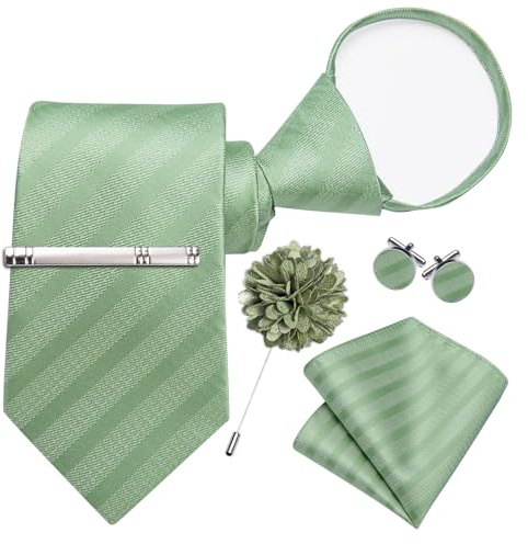 DiBanGu Mens Silk Zipper Tie,Adjustable Pre-tied Solid Plaid Necktie and Pocket Square Lapel Pin Cufflinks Tie Clip Set, sage green