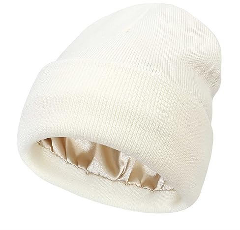 Cappello Donna Invernale Caldo Berretto Interno Seta Morbida Comoda Berretti in Maglia con Raso Fodera Interna, Cappello Interno Seta Moda Stretch Fitted Cappellino Unisex (01-White, One Size)