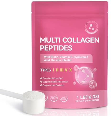 Multi Kollagen Pulver 454g – Typ I, II, III, V & X Peptide – Hydrolysiert & Geschmacksneutral – Mit Hyaluronsäure, Elastin, Keratin, Biotin & Vitamin C – Hohe Bioverfügbarkeit