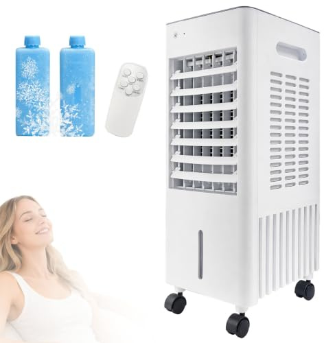Aire acondicionado portátil 4 en 1 sin tubo de escape, enfriador evaporativo silencioso de 12 litros con 2 baterías de refrigeración, ventilador, temporizador de 7,5 horas y control remoto.