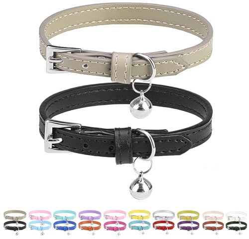 PUPTECK 2 Stück Katzenhalsband mit Glocke aus weichem Leder, verstellbar für Katzen, Kitten & Welpen. Ideal als Kittenhalsband oder Welpenhalsband, Schwarz&Khaki