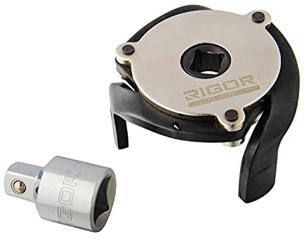 RIGOR 23026 Verstellbarer Ölfilterschlüssel für 6.1 cm bis 9.1 cm,Universal-Ölfilterschlüssel,3/8-Zoll-Antrieb, 3 Backen für sicheren Halt,inklusive 1/2 Zoll F bis 3/8 Zoll M-Antrieb Adapter