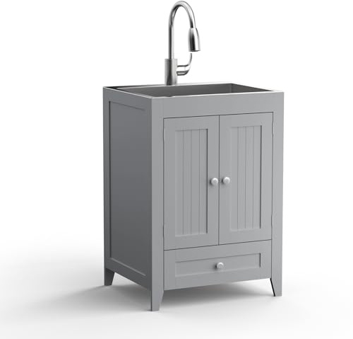 VINGLI 24-Inch Laundry Sink with Cabinet and Pull-Out Sprayer Faucet, Stainless Steel Utility Sink with Cabinet, Grey Cabinet with Sink for Laundry & Utility Room, Kitchen, Bathroom, Basement