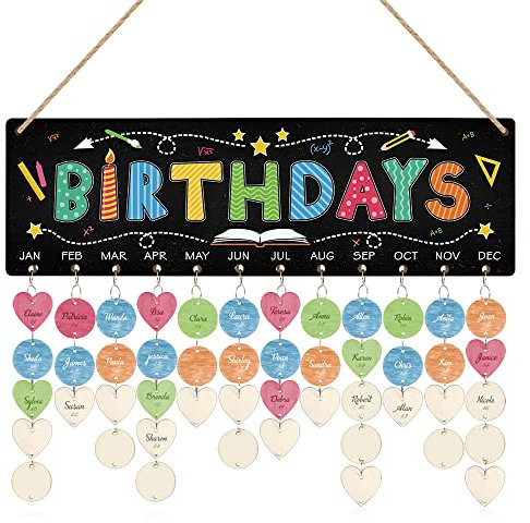 Bunte Geburtstagskalender aus Holz zum Aufhängen (40.6 x 12.7 cm), DIY Geburtstag Tracker Kalender Tafel mit 100 Holzanhängern, niedlicher Kalender, Kindergarten, Geburtstagsgeschenk
