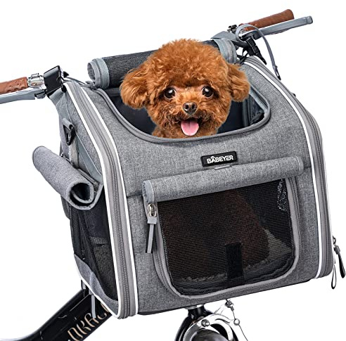 BABEYER Dog Bike Basket, Expandable Soft-Sided Pet Carrier Backpack with 4 Open Doors, 4 Mesh Windows for Small Dog Cat Puppies-Grey