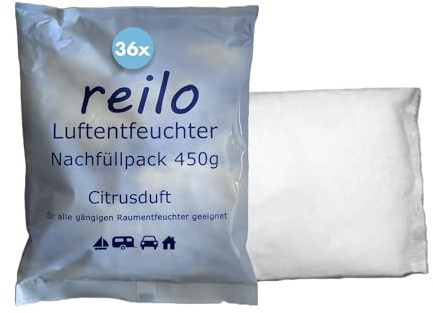 reilo 36x 450g Citrusduft Luftentfeuchter Granulat, Raumluftentfeuchter im Vliesbeutel, Nachfüllpacks für gängige Entfeuchterboxen, Lufttrockner für Wohnraum, Schlafzimmer, Keller