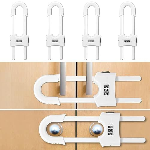 4 Packs U-Shaped Sliding Cabinet Locks, Baby Proofing Cabinets with Adjustable Child Safety Lock, Childproof Latches for Knobs, Handles on Kitchen Doors and Home Drawers Closet 1- White