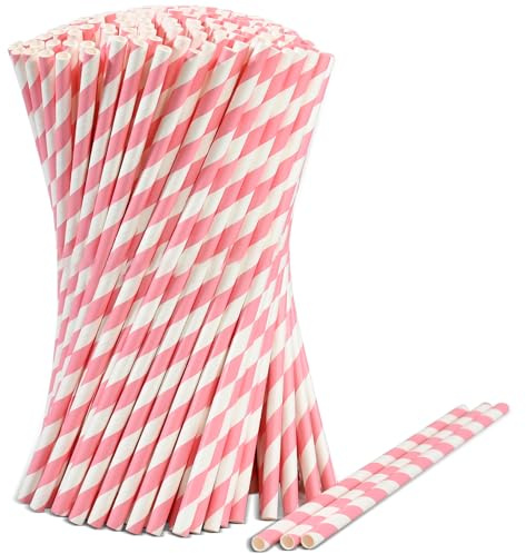 Cannucce monouso in carta a righe bianche e rosa, 1000 pezzi, 19,7 cm x 0,6 cm - Biodegradabili e compostabili