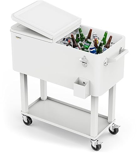 VINGLI 80 Quart Rolling Ice Chest, Portable Patio Party Bar Drink Cooler Cart, with Shelf, Beverage Pool with Bottle Opener (White)