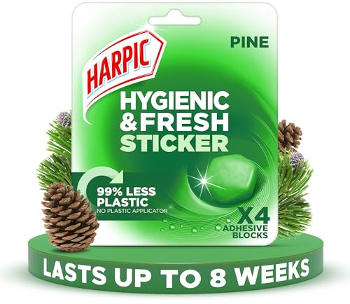 Harpic Hygienic Fresh Sticker Adhesive Toilet Block, Pine, Pack 1 x 4 Stickers, Toilet Freshener, No Plastic Applicator, Up to 8 weeks of Freshness