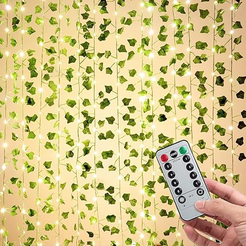 Lierre Artificiel Guirlande Lumineuse Chambre, 10M Guirlande Lierre Lumineuse, 100 LEDS Guirlande Lumineuse Pile Intérieure et Extérieure, 8 Modes D'éclairage, Faux Lierre Decoration Chambre