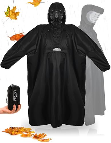Outdoro Regenponcho mit Ärmeln - Mit Navigations-Fenster in der Brusttasche, Reißverschluss und Sichtfenster - Poncho für Damen & Herren, Erwachsene (schwarz, S-M)
