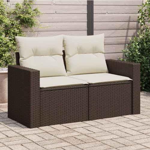 Homgoday Gartensofa 2-Sitzer mit Kissen Balkonsofa Balkonmöbel Terrassensofa Rattansofa Sofa Couch Loungesofa Gartenlounge Gartenbank Sitzbank Gartenmöbel Poly Rattan Braun und Cremeweiß