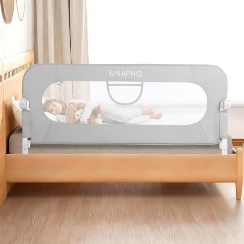 UNAPHO Bed Rail for Toddlers,Swing Down Kids Bed Rails Guard for Twin,Full,Queen,Bunk Size Bed,Extra Tall Child Bed Rail Guard with Reinforced Anchor Safety System,59 L x 31 H,Grey