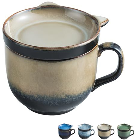Dowbom Tazza da zuppa con coperchio, 450 ml, adatta per microonde, minestra in ceramica, ciotola per colazione e brodo (Cachi)