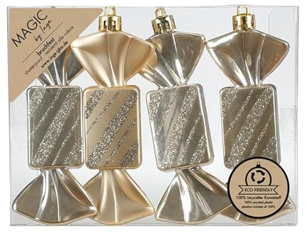 Inge-glas Christbaumschmuck Bonbons 10,5cm Kunststoff 4er Set - bruchsicher & mit Glitzer - Christbaumkugeln für Weihnachtsbaum - Weihnachtsbaumkugeln & Weihnachtsbaumschmuck Champagner - Creamy Gold