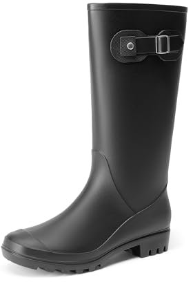 DREAM PAIRS Kniehohe Damen Regenstiefel mit seitlicher Schnalle Gummistiefel damen,Size 38,Schwarz,DWEMRB2503