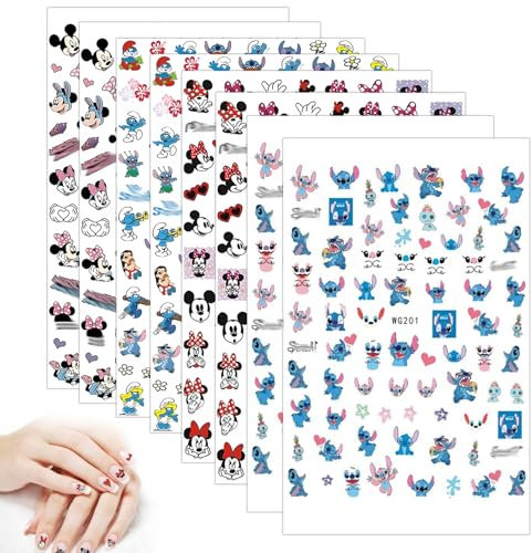 Nagelsticker, Nagel Zubehör, 8 Stück Nagelaufkleber mit Themen, Niedlichen Cartoons Nagel Stickers, Mini Nagelsticker Kinder für Mädchen Damen Kinder