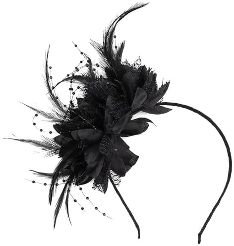 RGEVGER Black Fascinator Hat for Women, Flower Mesh Feathers Hair Clip, Elegant Fascinator Headband, Fashion Makeup Accessory for Weddings, Parties, Garden Tea, Birthday Party, Daily Wear