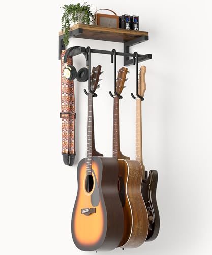 VINCOURNA Soporte Guitarra Pared, 3 Soporte Pared Guitarra, Colgador Guitarra con un Estante Grande, Colgar Guitarra para Guitarra Acústica, Bajo, Guitarra Eléctrica, Ukelele Single-Sided