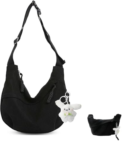 Bolso de media luna de pana para mujer, bolso de hombro grande, de pana cruzada, color negro, bandolera, informal, con colgante decorativo para el día a día, trabajo